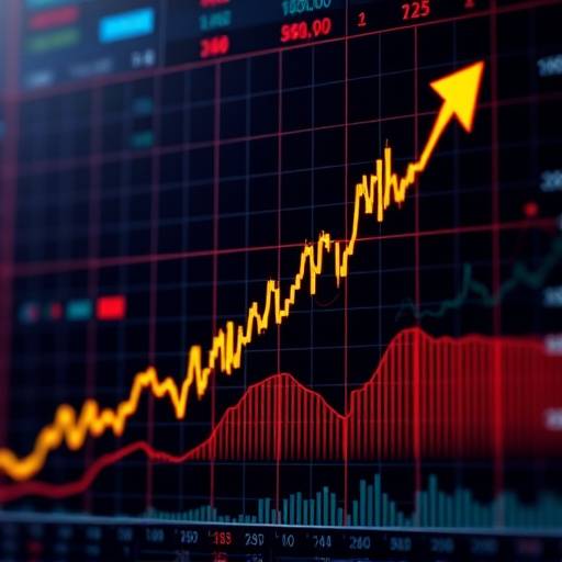 Stock chart showing upward trend with fluctuating lines.